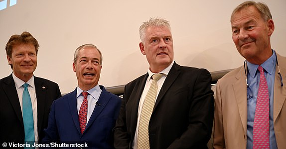 Mandatory Credit: Photo by Victoria Jones/Shutterstock (14573446bx) Reform MPs, Richard Tice, Lee Anderson and Rupert Lowe with Reform UK Leader Nigel Farage Reform UK press conference, London, UK - 05 Jul 2024