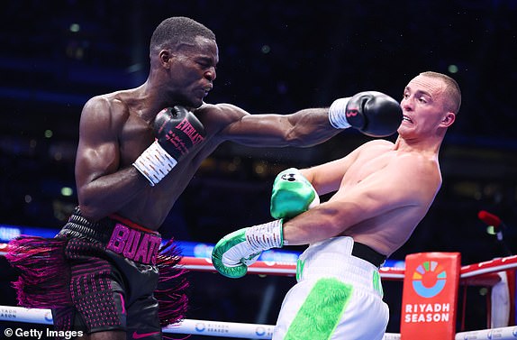 LONDON, ENGLAND - SEPTEMBER 21: Willy Hutchinson dodges a punch from Joshua Buatsi during the WBO Interim World Light Heavyweight Title fight between Joshua Buatsi and Willy Hutchinson, on the Riyadh Season  - Wembley Edition card at Wembley Stadium on September 21, 2024 in London, England. (Photo by Richard Pelham/Getty Images)