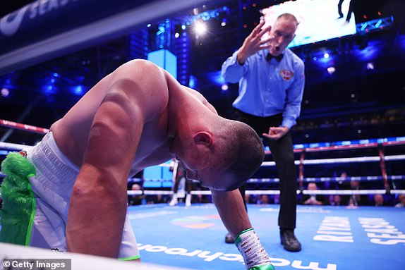 LONDON, ENGLAND - SEPTEMBER 21: Willy Hutchinson reacts after being knocked down during the WBO Interim World Light Heavyweight Title fight between Joshua Buatsi and Willy Hutchinson, on the Riyadh Season  - Wembley Edition card at Wembley Stadium on September 21, 2024 in London, England. (Photo by Richard Pelham/Getty Images)