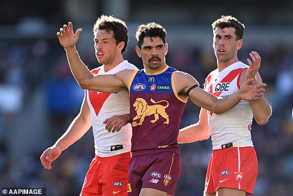 Charlie Cameron (centre) of the Lions is seen during the AFL Round 19 match between the Brisbane Lions and the Sydney Swans at The Gabba in Brisbane, Sunday, July 21, 2024. (AAP Image/Darren England) NO ARCHIVING, EDITORIAL USE ONLY