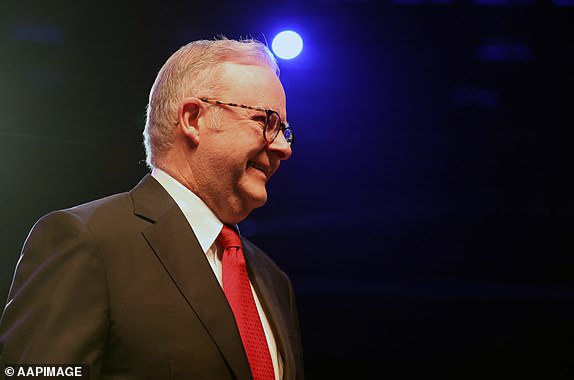 Prime Minister  Anthony Albanese arrives during the AFL Grand Final Breakfast at the Melbourne Exhibition and Convention Centre in Melbourne, Saturday, September 28, 2024. The Sydney Swans are set to take on the Brisbane Lions at the MCG for the 2024 AFL Grand Final. (AAP Image/Con Chronis) NO ARCHIVING