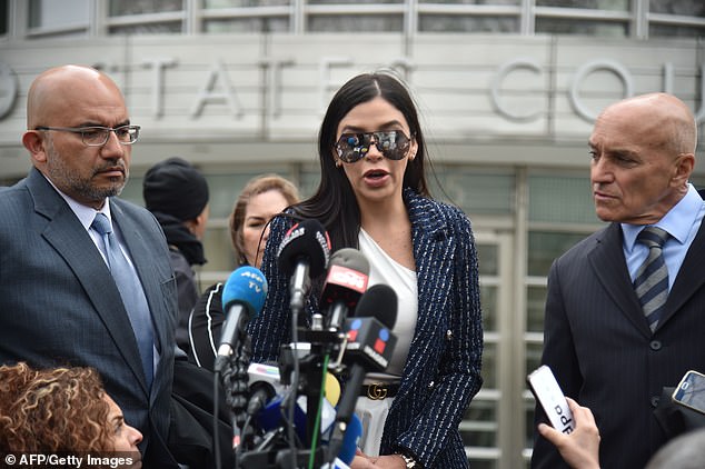 Coronel, who helped facilitate Guzman's spectacular 2015 escape from a Mexican prison, regularly attended her husband's trial in New York. (pictured: Her speaking outside a federal court in NYC in April 2018)