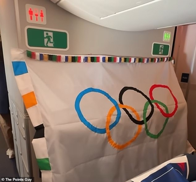 With Nicky in economy was the actual Olympic flag, hung up on a partition wall behind the last row