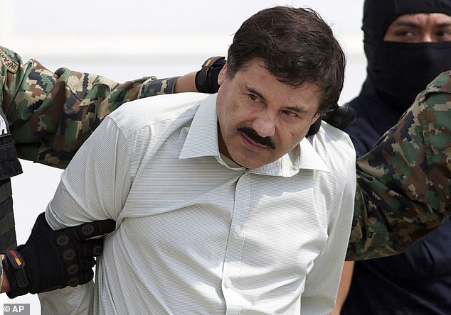 She married El Chapo in 2007, on her 18th birthday, and the pair have been in a relationship ever since. (pictured: El Chapo escorted to a helicopter in Mexico City following his capture in 2014)