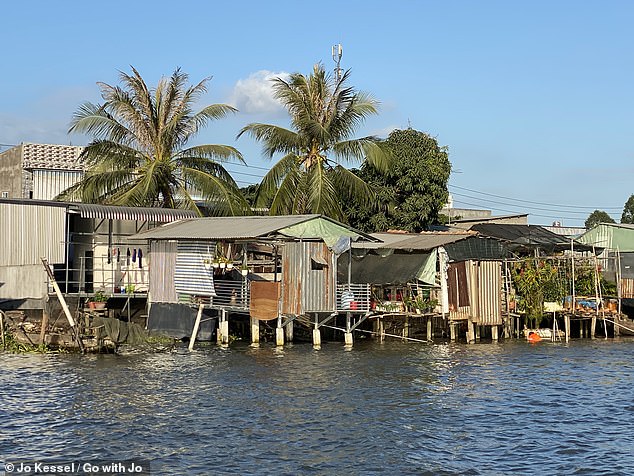 Jo says every excursion on the ship offers 'something exciting and unique'. Pictured here are stilt houses along the Mekong River in Vietnam that she visited