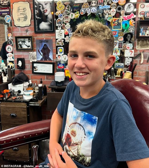 Landon, shown here getting his first post-chemo haircut, is now cancer-free and in seventh grade. He plans to stay active and play football and soccer