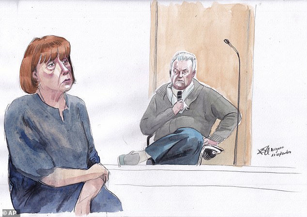 This courtroom sketch by Valentin Pasquier shows Gisele Pelicot, left, and her ex-husband Dominique Pelicot, right, during his trial, at the Avignon court house, in Avignon on Tuesday