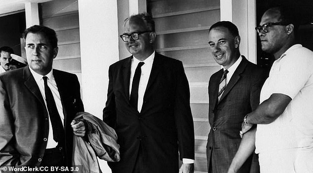 Gerald Bull, at far left, photographed at the Space Research Institute, McGill University, Canada in 1964