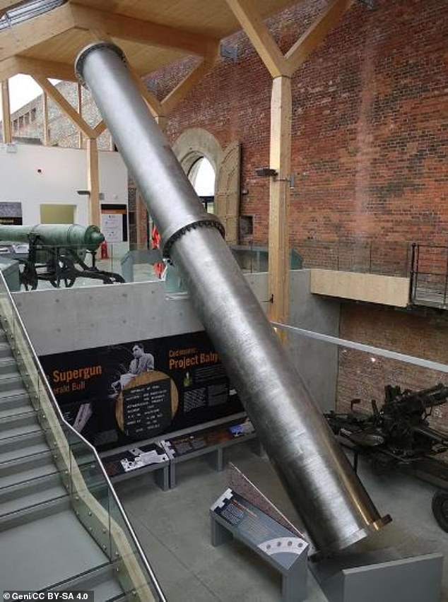 Parts of Bull's Big Babylon supergun are seen on display. At full size it would have measured 156m in length