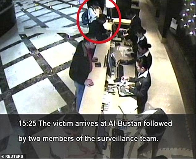 Mahmoud al-Mabhouh (ringed), is shown arriving at his hotel in this CCTV handout from Dubai police February 15, 2010, moments before his assassination