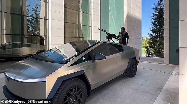 The 47-year-old warlord took the Tesla Cybertruck for a spin around his 'palace-style' mansion