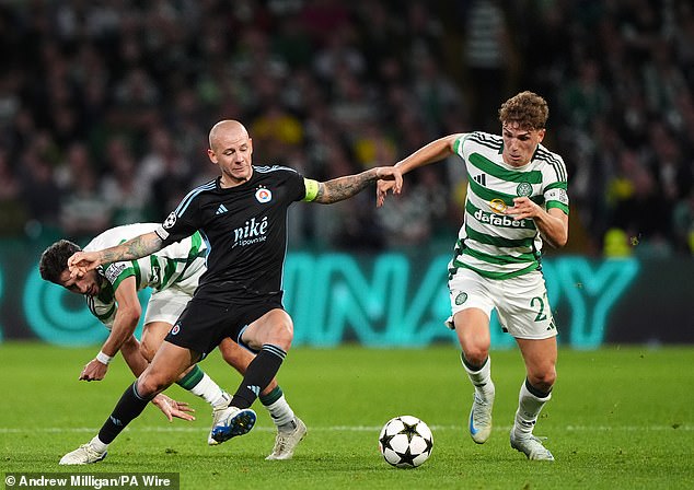 Celtic's Arne Engels (right) scored an 9.2/10 after his excellent performance against Slovan Bratislava