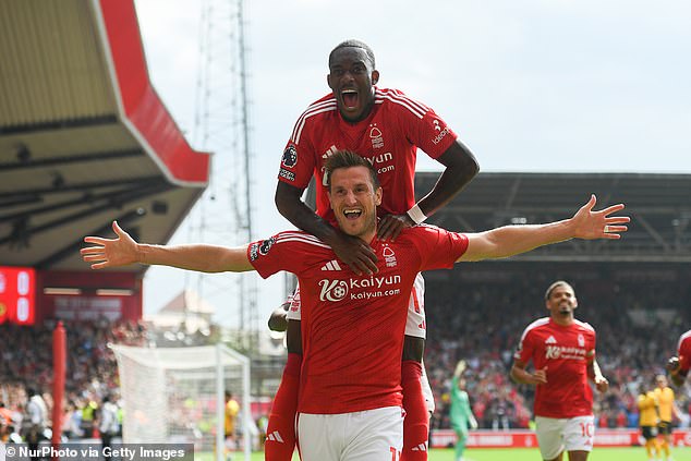 Forest players Hudson-Odoi and Chris Wood celebrated taking the lead against Wolves