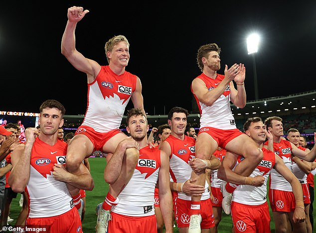 Sydney Swans champions Isaac Heeney and Rampe are chaired off the field after the win