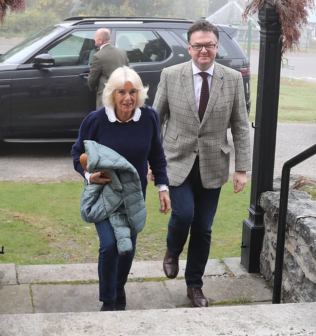 Queen Camilla arrives at the Braemar Literary Festival where her son Tom Parker-Bowles is giving a talk about his new book