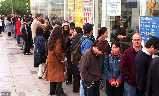 Pictured: Gaming fans seen queuing outside Brent Cross shopping centre in 1997 to get a Tamagotchi