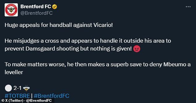 Even Brentford's official account on X (Twitter) was left surprised at the Vicario incident