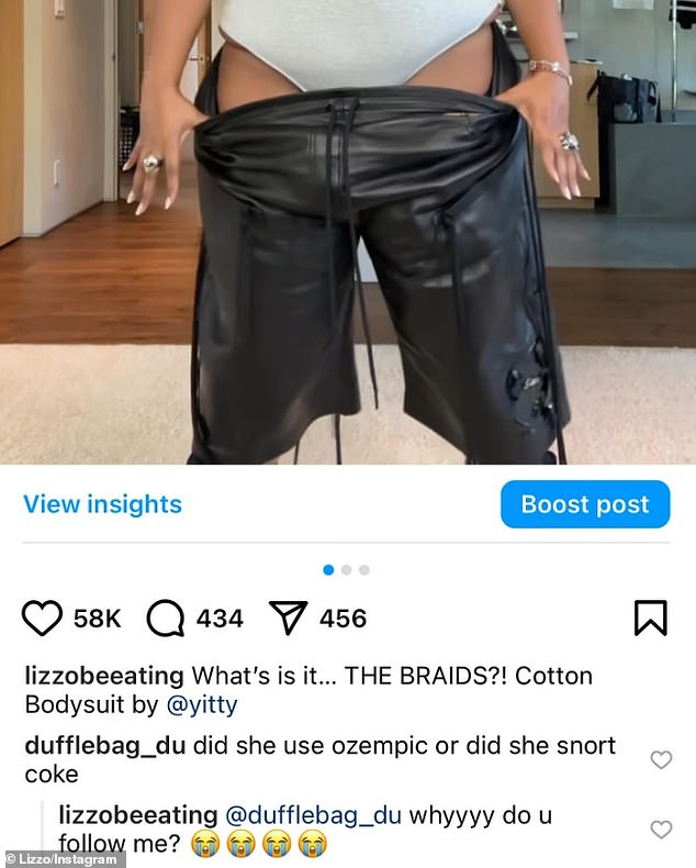 Lizzo then shared a screenshot of a comment from a social media user where they accused her of taking ozempic or 'coke'