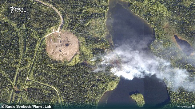 Green summer foliage has been vaporised as a crater is formed by the massive explosion at the test site