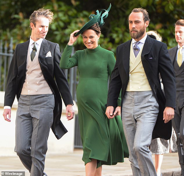 James Matthews, Pippa Middleton and James Middleton attend the wedding of Princess Eugenie of York and Jack Brooksbank in 2018