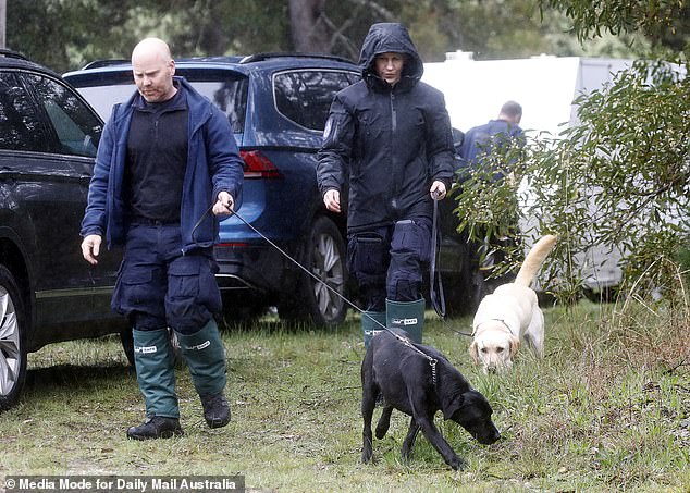 Police with sniffer dogs gathered at the Grenville Recreation Reserve. They are expected to hit the bush on Wednesday