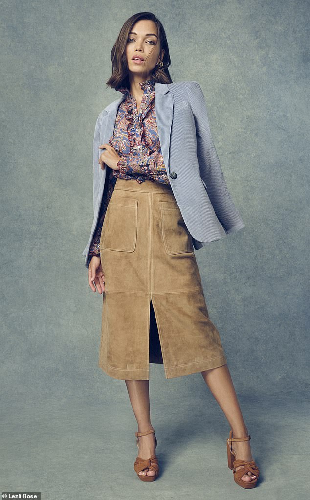 Jacket, £199, nrby.com; shirt, £85, skirt, £260, and shoes, £130, all boden.co.uk