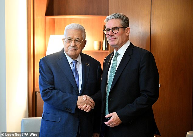 Prime Minister Sir Keir Starmer (right) meets with Palestinian President Mahmud Abbas ahead of a bilateral meeting at the United Nations in New York