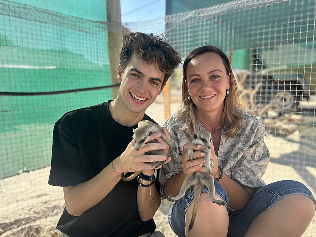 Kyle flew to South Africa and drove eight hours into the Kalahari Desert to learn from Alma Celeste Stafford, pictured, whose rehab centre rescues them from the pet trade