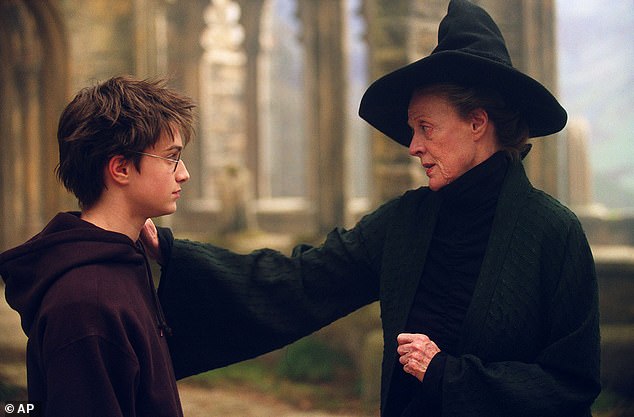 Dame Maggie as Professor Minerva McGonagall and Daniel Radcliffe as Harry Potter in The Philosopher's Stone