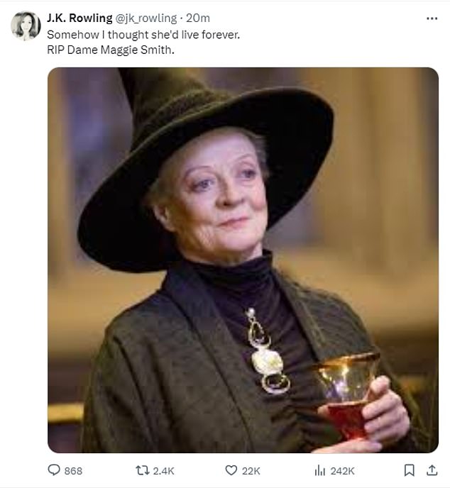 Author JK Rowling also paid tribute to Dame Maggie with a social media post