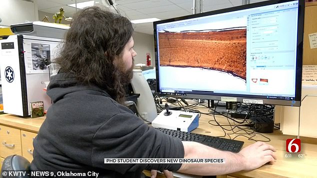 Atkins-Weltman (above) looks studiously at a slice of his new 'hell chicken' dinosaur for the benefit of camera operators with a local TV news crew