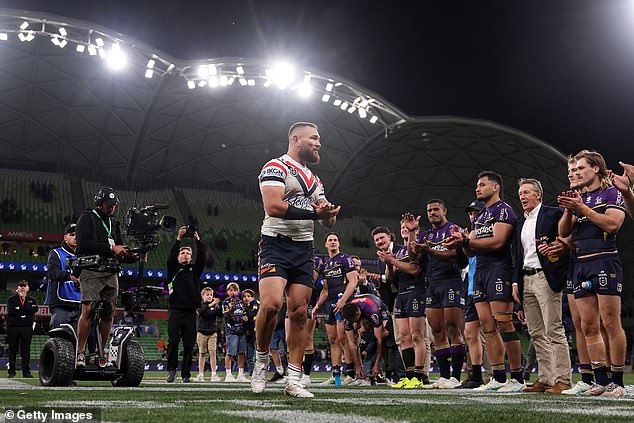 Waerea-Hargreaves thanks the Melbourne Storm players and coach Craig Bellamy who joined the guard of honour to celebrate his long and decorated NRL career