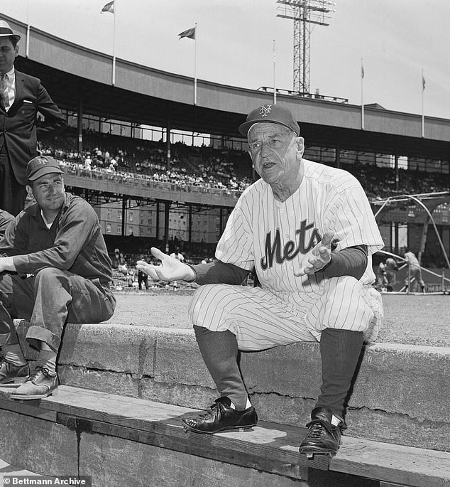 Mets manager Casey Stengel holds court in the dugout at the Polo Grounds in 1962