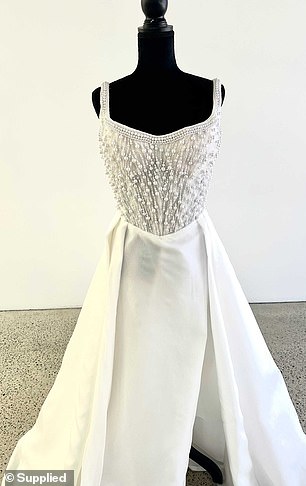 Mia was called out by Outspoken Podcast for allegedly bailing on a 'contra-deal' she struck-up with Melbourne boutique bridal store Champery Couture (the gown they designed is pictured)