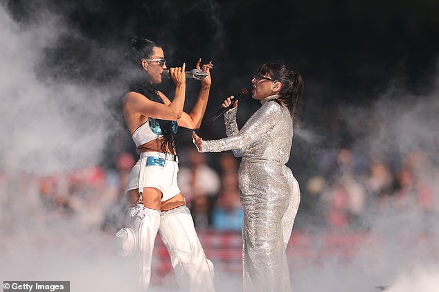 Perry also performed her smash hits Teenage Dreams and California Gurls, while she was joined on stage by Tina Arena for a brief duet of I Kissed A Girl