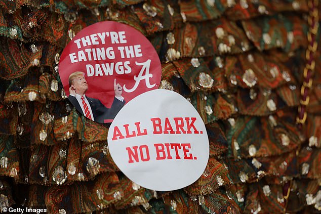 A detailed view of the stickers worn by fans before the game in Tuscaloosa on Saturday