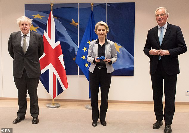 Mr Johnson with EU president Ursula von der Leyen and the EU's chief negotiator Michel Barnier