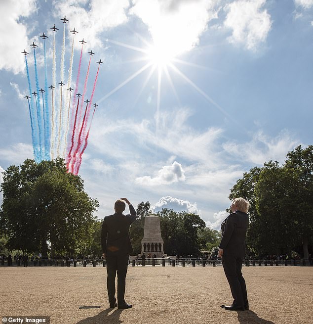 They watch the Red Arrows and La Patrouille de France fly over Horseguards parade