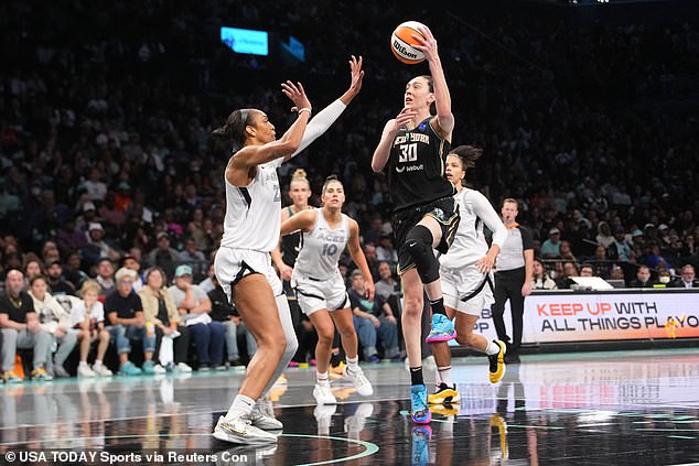 The New York Liberty secured an 87-77 win over the Las Vegas Aces to go up 1-0 in the series