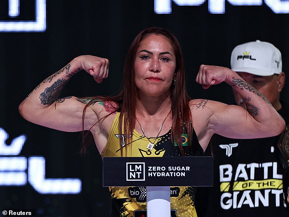 Mixed Martial Arts - Professional Fighters League Fight Night - Saudi Arabia - Weigh-In - Riyadh, Saudi Arabia - October 18, 2024 Cris Cyborg during the weigh-in before her Women's Featherweight World Title fight against Larissa Pacheco REUTERS/Hamad I Mohammed