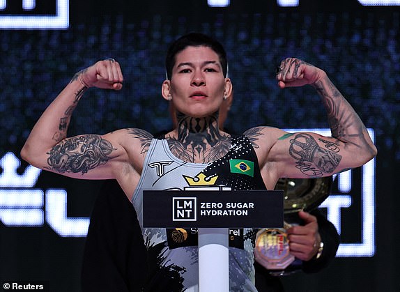 Mixed Martial Arts - Professional Fighters League Fight Night - Saudi Arabia - Weigh-In - Riyadh, Saudi Arabia - October 18, 2024 Larissa Pacheco during the weigh-in before her Women's Featherweight World Title fight against Cris Cyborg REUTERS/Hamad I Mohammed