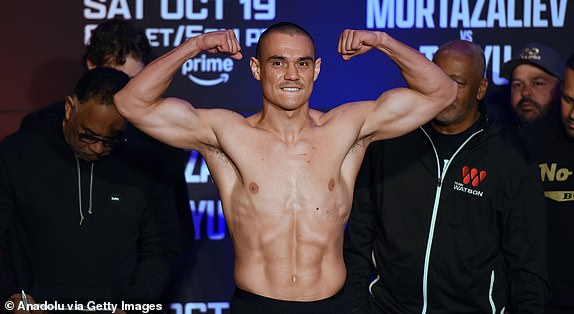 ORLANDO, FLORIDA, UNITED STATES - OCTOBER 18: Tim Tszyu poses during the ceremonial weigh-in ceremony ahead of his fight against Bakhram Murtazaliev on Saturday night, at the Caribe Royal Hotel on October 18, 2024 in Orlando, Florida. (Photo by Paul Hennessy/Anadolu via Getty Images)