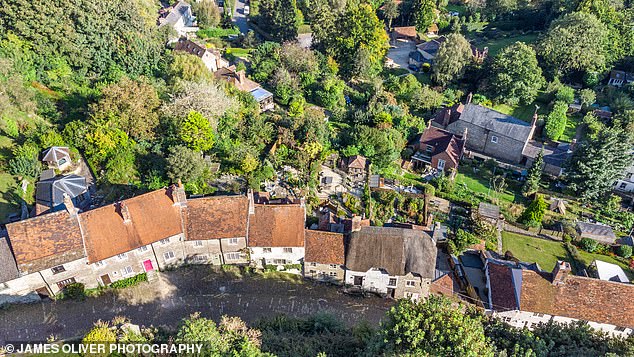 An aerial photo showing the verdant Gold Hill gardens