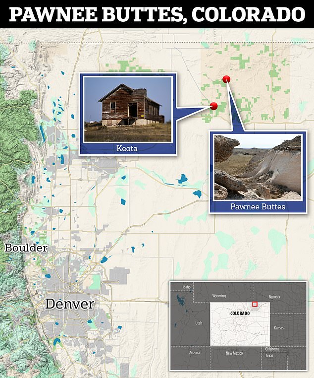 A map shows where the Pawnee Butts are are located in Colorado, about a 115-mile drive from Denver