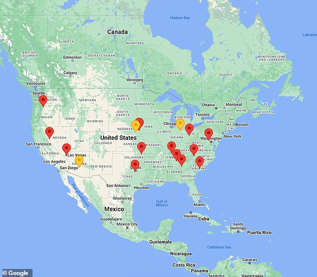 This map shows the location of Google data centres in the US. The ones pinpointed in yellow are in development