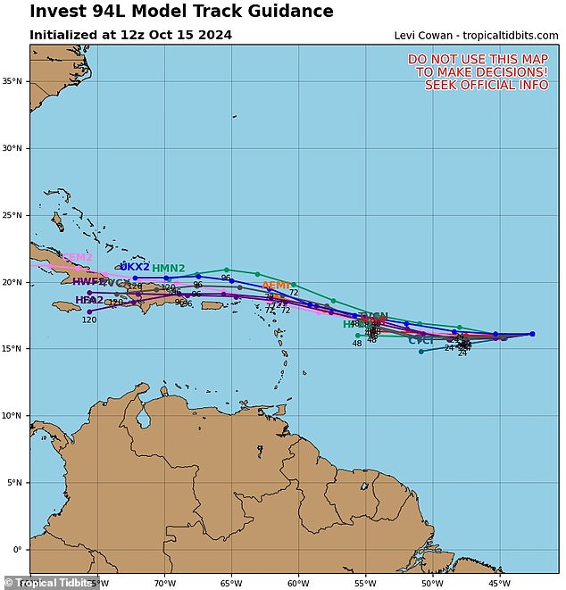 The latest spaghetti model shows potential paths hitting over the Caribbean islands in the next seven days