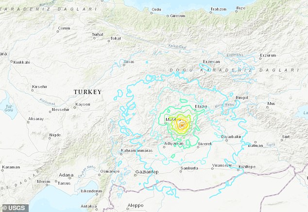 The United States Geological Survey's (USGS) interactive map displaying where the quake was felt in Turkey's Malatya province