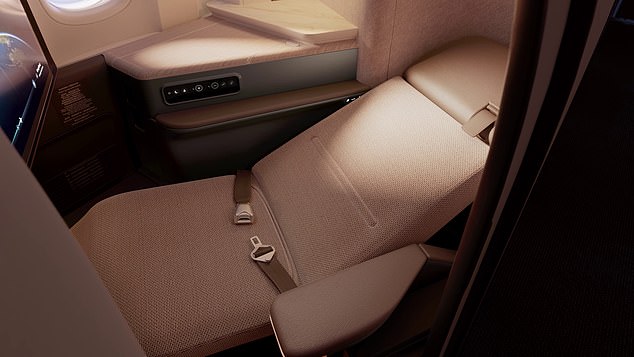 The new business class seat is called the Aria Suite - and it's laid out in a reverse herringbone configuration, with the seats at the side angled towards the windows