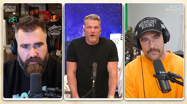 The Chiefs star predicted he will face criticism if Kansas City loses during the latest episode of New Heights with brother Jason (left) and guest Pat McAfee (center)