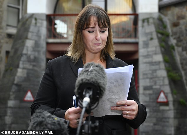 An emotional Crystal Owen, mother of Harvey Owen, makes a statement to the media following the conclusion of the inquest